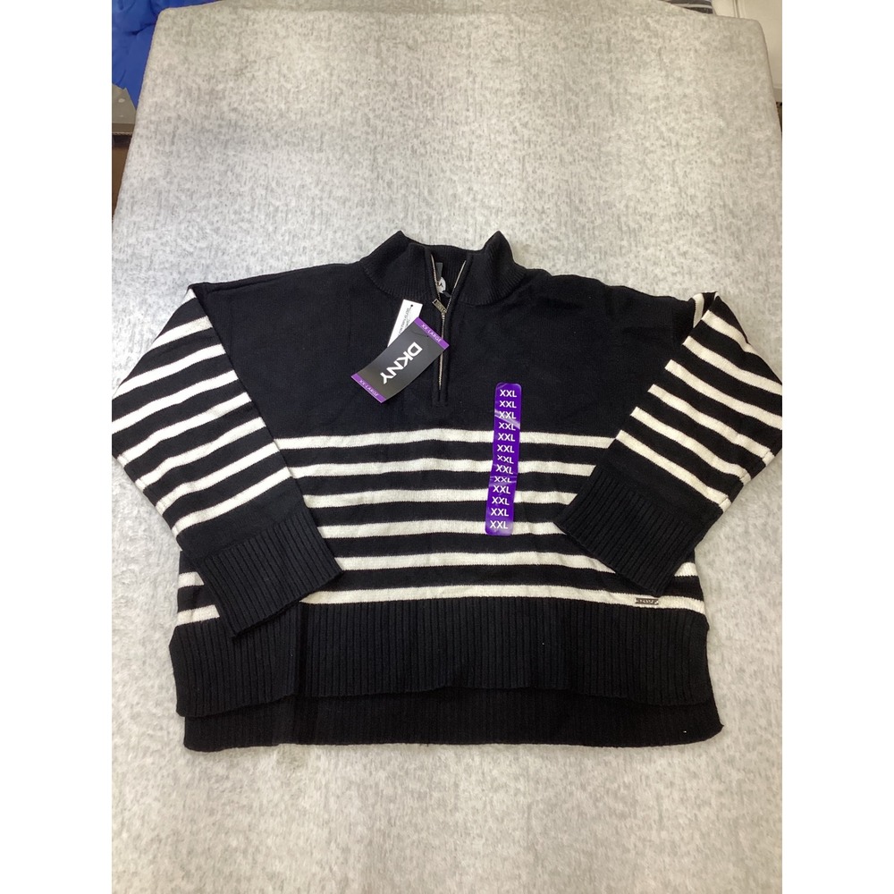 DKNY Womens Black White Striped Quarter Zip Turtle Neck Sweater XXL DP2R0975